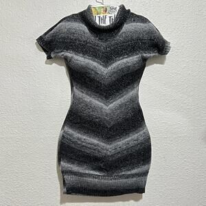 IZ Byer Y2K Black Grey Silver Glittery Striped Turtleneck Bodycon Sweater Dress